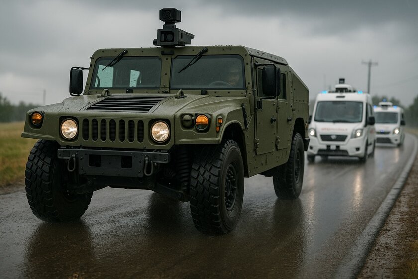 Ein Militärisches Auto fährt bei Regen auf einer Straße, hinter ihm befinden sich zwei weitere normale weiße Autos. Alle drei haben ein Kamerasystem auf dem Dach.