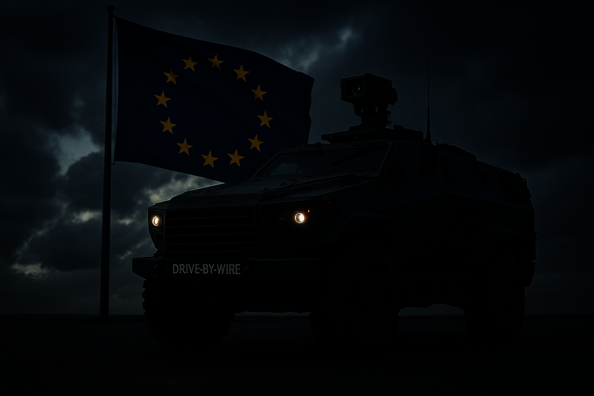 Ein sehr dunkles gehaltenes Bild bei dem Mittig ein Militärauto, mit Kamera oben drauf, steht. Auf dem Auto vorne steht "Drive-by-Wire". Im Hintergrund links weht noch eine EU Flagge.
