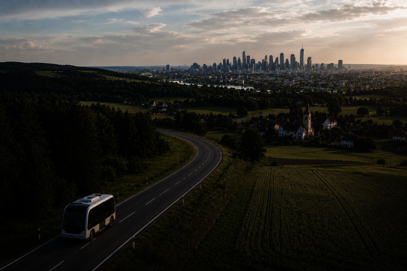 In einer ländlichen Umgebung mit vielen grünen Wiesen und Bäumen, fährt ein ÖPNV Bus ohne Fahrer die Straße entlang. rechts neben der Straße befindet sich ein Dörfchen und in Hintergrund erkennt man eine Großstadt mit mehreren Wolkenkratzern. 