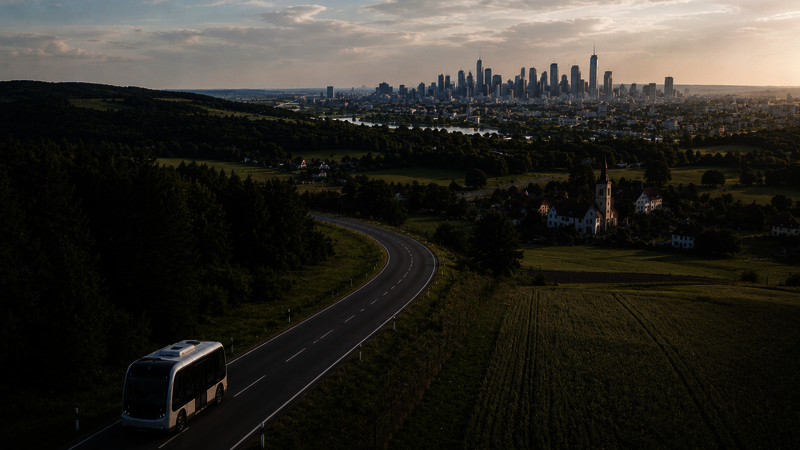 In einer ländlichen Umgebung mit vielen grünen Wiesen und Bäumen, fährt ein ÖPNV Bus ohne Fahrer die Straße entlang. rechts neben der Straße befindet sich ein Dörfchen und in Hintergrund erkennt man eine Großstadt mit mehreren Wolkenkratzern. 