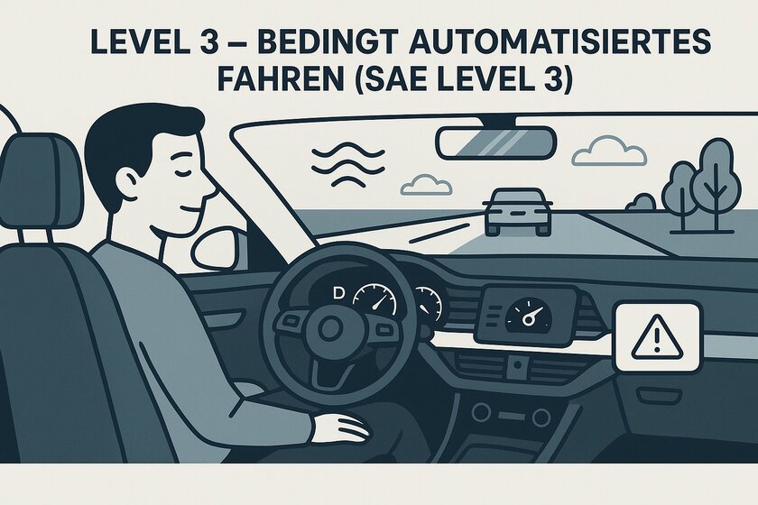 Mann sitzt in Auto und lenkt nicht.