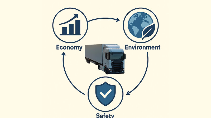 Auf einem leicht gelb, beigenen Hintergrund befinden sich 3 Icons mit der Bezeichnung Economy, Environment und Safety die in dieser Reihenfolge mit verbindenden Pfeilen in einem Kreis angeordnet sind. In der Mitte befindet sich ein LKW.