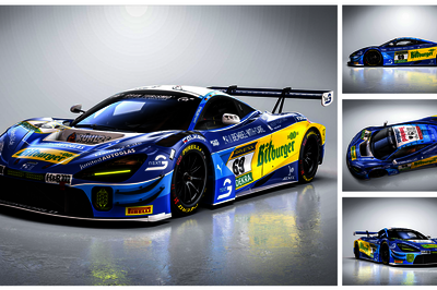 Ein großes Bild links und rechts drei kleine Bilder untereinander, zeigen ein MCLaren Rennauto aus unterschiedlichen Perspektiven. Dies ist ein Animationsbild welches die Anordnung der Sponsorenlogos auf dem Wagen zeigt.