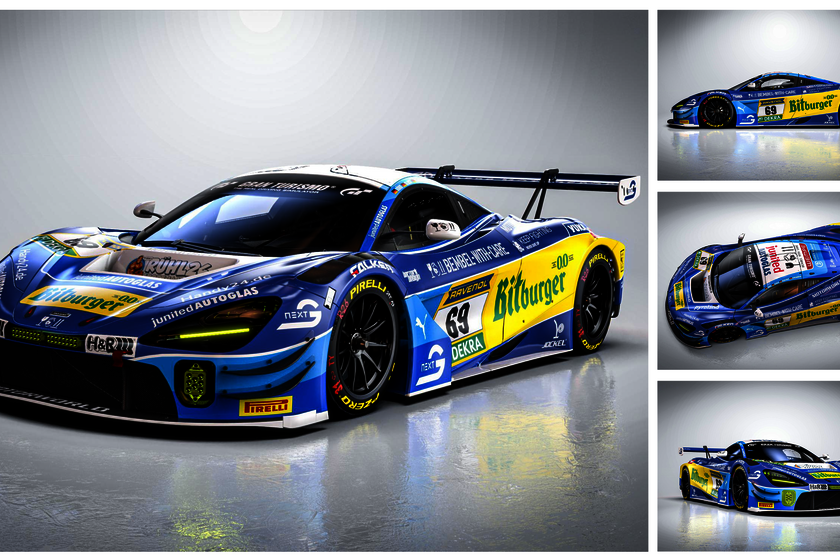 Ein großes Bild links und rechts drei kleine Bilder untereinander, zeigen ein MCLaren Rennauto aus unterschiedlichen Perspektiven. Dies ist ein Animationsbild welches die Anordnung der Sponsorenlogos auf dem Wagen zeigt.