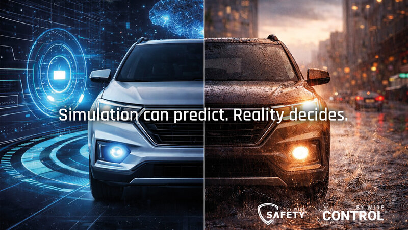 Ein Auto fährt Frontal auf einen zu, die linke Seite ist in blau gehalten und zeigt die autonome Welt. Die rechte hälfte hingegen ist in rot orange gehalten und als echt Welt dargestellt. In der Mitte steht "Simulation can predict. Reality decides." und unten rechts sind noch zwei Logos für Safety-by-Wire und Controll-by-Wire.