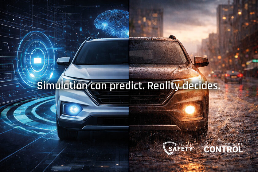Ein Auto fährt Frontal auf einen zu, die linke Seite ist in blau gehalten und zeigt die autonome Welt. Die rechte hälfte hingegen ist in rot orange gehalten und als echt Welt dargestellt. In der Mitte steht "Simulation can predict. Reality decides." und unten rechts sind noch zwei Logos für Safety-by-Wire und Controll-by-Wire.
