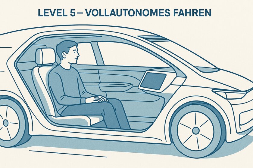 Mann fährt in einem autonomen Fahrzeug.