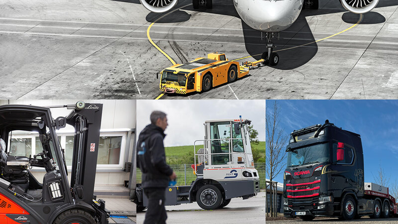 Eine Collage aus vier Bildern. Auf dem oberen Bild ist ein Pusher der ein Flugzeug zieht drauf. unten Links ein roten Gabelstapler, auf dem mittleren Bild ein Herr mit Fernbedienung und ein Terminal Traktor und rechts ein Schwarz roten Scania LKW.