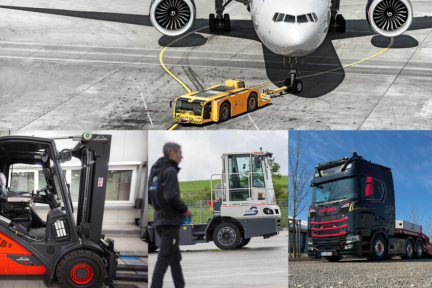 Eine Collage aus vier Bildern. Auf dem oberen Bild ist ein Pusher der ein Flugzeug zieht drauf. unten Links ein roten Gabelstapler, auf dem mittleren Bild ein Herr mit Fernbedienung und ein Terminal Traktor und rechts ein Schwarz roten Scania LKW.