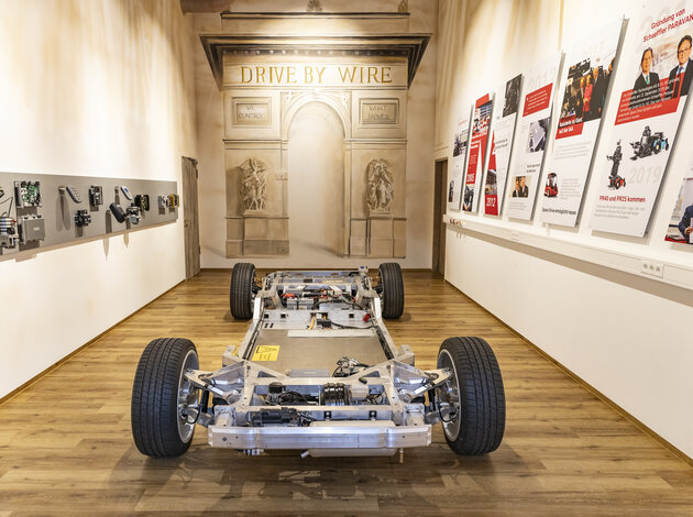 In einem beleuchteten beschnen Raum steht ein Rolling Chasis. an der linken Wand befinden sich Ausstellungsstücke, hinten ist ein Triumpfbogen an die Wand gemalt und rechts befindet sich eine Historienwand.
