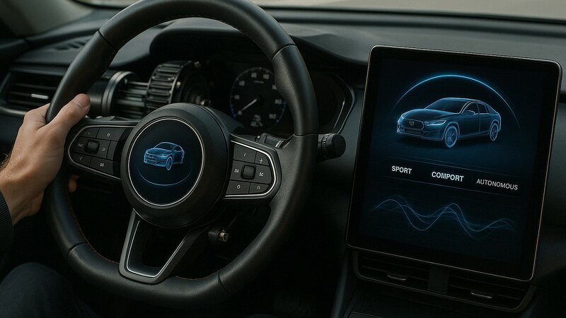 Ein Cockpit eines Autos mit Lenkrad und Display. Auf dem Display befindet sich in blau das Auto und untendrunter steht Sport, Comfort, Autonomous. In der Mitte des Lenkrades befindet sich ebenfalls ein Display mit dem Auto drauf.