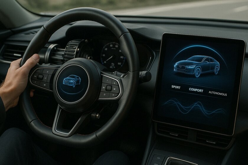 Ein Cockpit eines Autos mit Lenkrad und Display. Auf dem Display befindet sich in blau das Auto und untendrunter steht Sport, Comfort, Autonomous. In der Mitte des Lenkrades befindet sich ebenfalls ein Display mit dem Auto drauf.