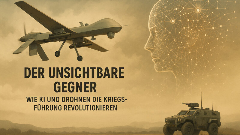 Ein Orange gelb gehaltenes Bild, auf dem oben links eine Militärische Drohne drauf ist. Auf der rechten Seite befindet sich oben ein aus Punkten verbundener Kopf und unten ein Militärisches Fahrzeug.