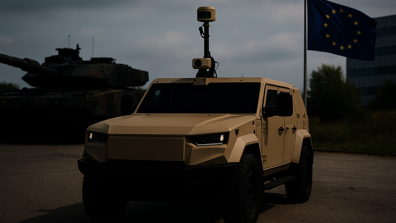 Zwei Militärische Fahrzeuge - ein Auto und ein Panzer - stehen auf einem Weg. Hinter ihnen befindet sich eine Europa Flagge die im Wind weht.