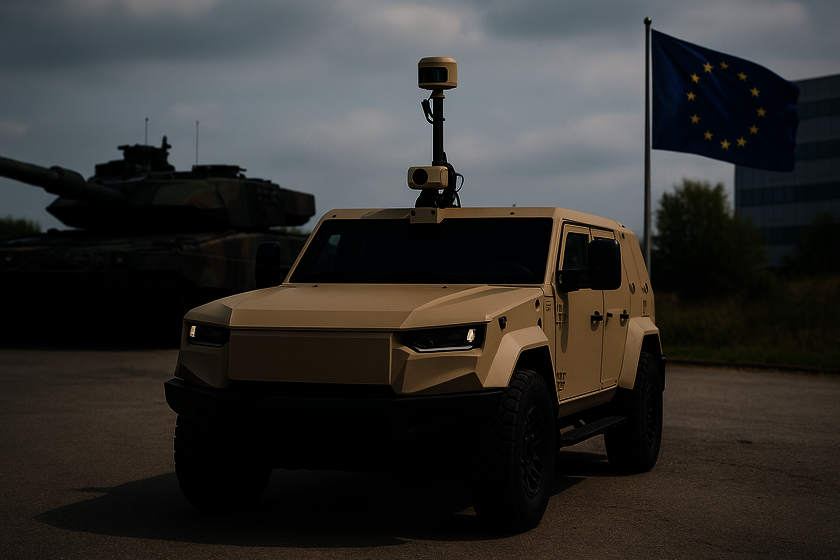 Zwei Militärische Fahrzeuge - ein Auto und ein Panzer - stehen auf einem Weg. Hinter ihnen befindet sich eine Europa Flagge die im Wind weht.