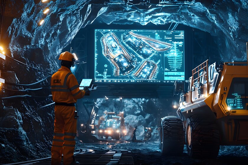 Ein Bergbaumitarbeiter steht in einer Höhle an einem digitalen Bildschirm, rechts neben ihm steht ein Bergbau Fahrzeug.