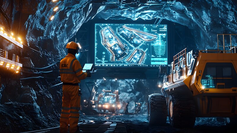Ein Bergbaumitarbeiter steht in einer Höhle an einem digitalen Bildschirm, rechts neben ihm steht ein Bergbau Fahrzeug.