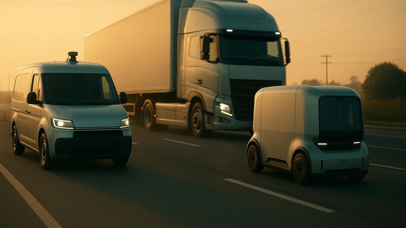 Drei autonome diverse Logistik Fahrzeuge, fahren auf einer dreispurigen Straße versetzt nebeneinander. Das ganze Bild ist in orange gelbem Sonnenlicht getränkt. 