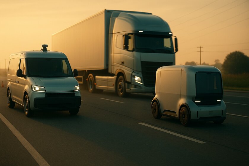 Drei autonome diverse Logistik Fahrzeuge, fahren auf einer dreispurigen Straße versetzt nebeneinander. Das ganze Bild ist in orange gelbem Sonnenlicht getränkt. 