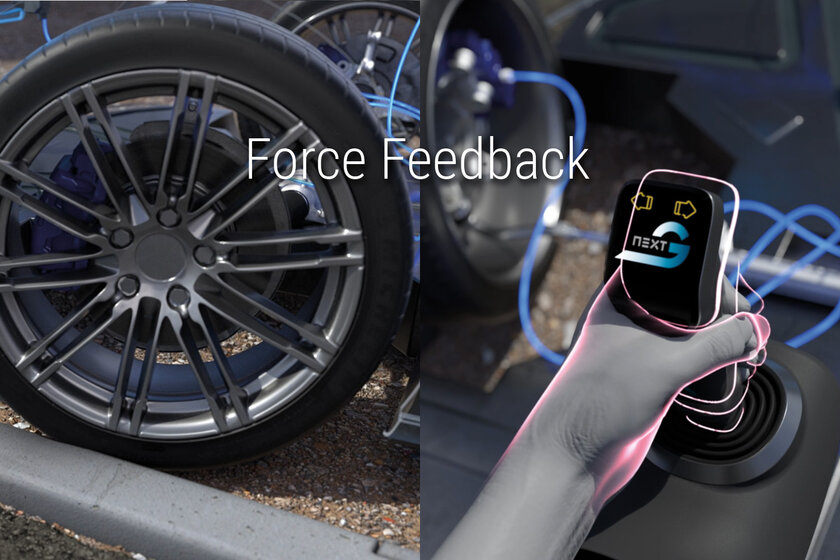 Ein zweigeteiltes Bild bei dem Links sich ein eingeschlagenes Autorad, auf ein Bordstein fährt. Recht sieht man ein Joystick mit Hand was rote Outlines hat. Über beiden Bildern steht Force Feedback.