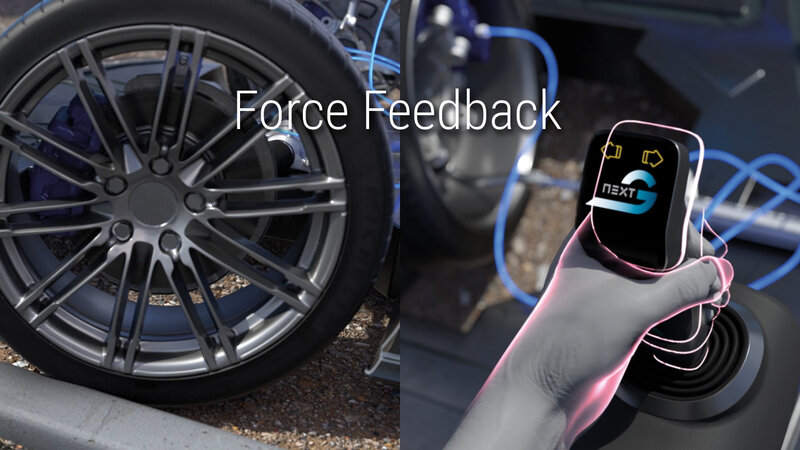 Ein zweigeteiltes Bild bei dem Links sich ein eingeschlagenes Autorad, auf ein Bordstein fährt. Recht sieht man ein Joystick mit Hand was rote Outlines hat. Über beiden Bildern steht Force Feedback.