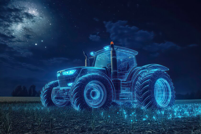 Bei Nacht steht ein nur mit blauen Linien gezeichneter beleuchteter Traktor auf einem Feld.