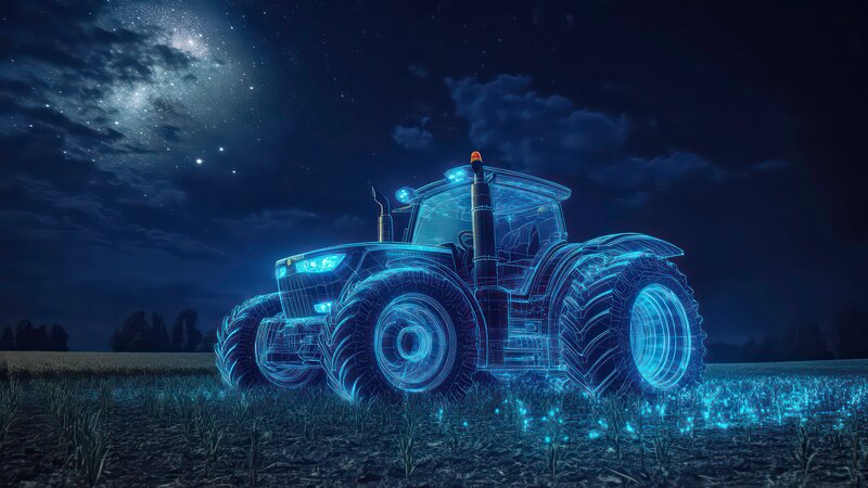 Bei Nacht steht ein nur mit blauen Linien gezeichneter beleuchteter Traktor auf einem Feld.