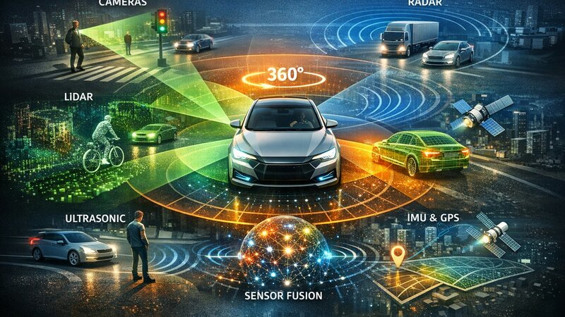 Ein Auto befindet sich frontal in der Mitte des Bildes abgebildet. Drumherum werden verschiedene Punkte dargestellt: Links oben: Kameras, die einen Mensch zeigen, der beachtet wird. Links Mitte: Lidar, ein Radfahrer sowie ein zweites Auto werden in grünen Punkten dargestellt. Links unten: Ultrasonic, ein Mensch steht auf der Fahrbahn. Mitte unten: Sensor Fusion, ein Kreis aus kleinen und großen bunten Punkten die mit Linien verbunden sind. Rechts oben: Radar, ein LKW und ein Auto fahren nebeneinander. Rechts Mitte/unten: IMU & GPS: einmal wird ein Auto mit einem Satelliten dargestellt und einmal eine Navigationskarte mit Satellit.