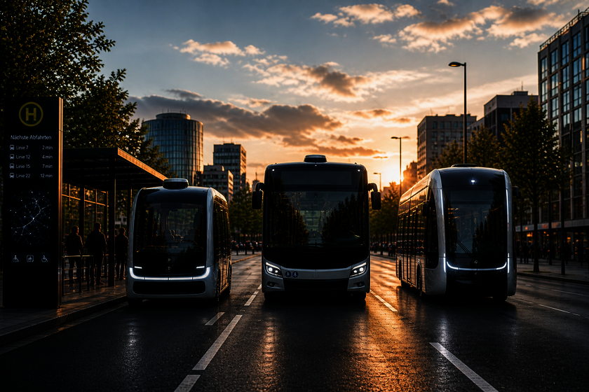Drei verschiedene ÖPNV Fahrzeuge, die autonom fahren können, stehen nebeneinander frontal nach vorne auf einer Straße. Drum herum befinden sich Bäume und Häuser und eine schöne Sonnenuntergangsstimmung, mit blauem Himmel und ein paar kleinen Wolken.