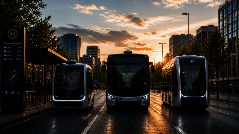 Drei verschiedene ÖPNV Fahrzeuge, die autonom fahren können, stehen nebeneinander frontal nach vorne auf einer Straße. Drum herum befinden sich Bäume und Häuser und eine schöne Sonnenuntergangsstimmung, mit blauem Himmel und ein paar kleinen Wolken.