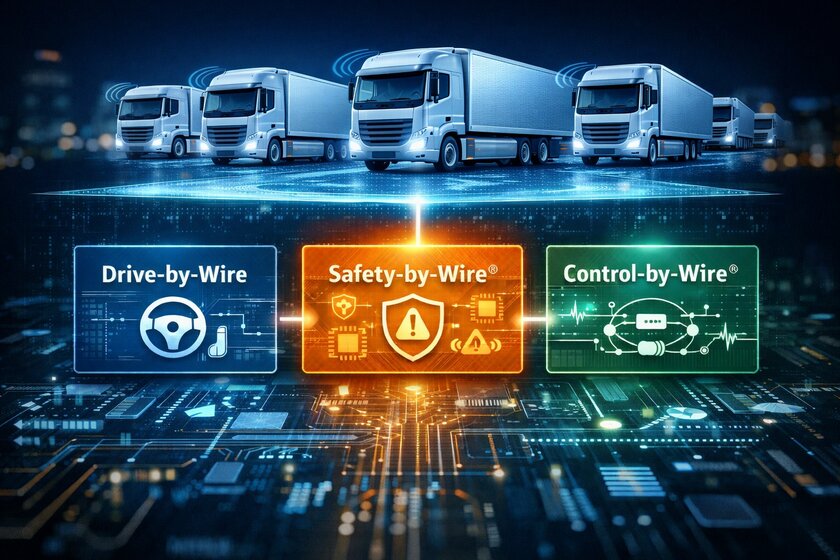 Ein blau gehaltenes Bild welches in drei Teile geteilt ist. Oben sieht man mehrere weiße LKWs, unten sieht man eine Platine und in der Mitte befinden sich drei unterschiedliche Kacheln. Links in Blau und mit Lenkrad/Joystick Drive-by-Wire, in der Mitte in Orange und mit Schutzschild Safety-by-Wire und rechts in Grün und mehreren Zeichen Control-by-Wire.