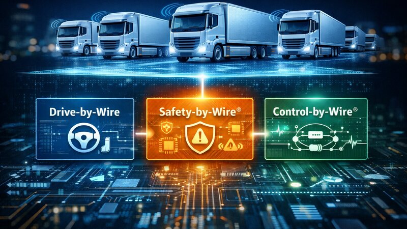 Ein blau gehaltenes Bild welches in drei Teile geteilt ist. Oben sieht man mehrere weiße LKWs, unten sieht man eine Platine und in der Mitte befinden sich drei unterschiedliche Kacheln. Links in Blau und mit Lenkrad/Joystick Drive-by-Wire, in der Mitte in Orange und mit Schutzschild Safety-by-Wire und rechts in Grün und mehreren Zeichen Control-by-Wire.