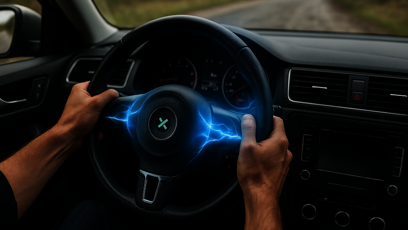 Zwei Hände halten ein Lenkrad in einem Auto stark fest. Aus Richtung der Hände entstehen auf dem Lenkrad blaue Blitze. In der Mitte des Lenkrades befindet sich ein NX NextMotion X.