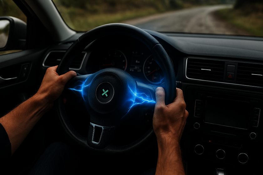 Zwei Hände halten ein Lenkrad in einem Auto stark fest. Aus Richtung der Hände entstehen auf dem Lenkrad blaue Blitze. In der Mitte des Lenkrades befindet sich ein NX NextMotion X.