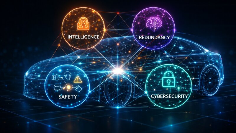 Ein angedeutetes Auto aus blauen größeren und kleineren leuchtenden Punkten wird auf einem dunkelblau/schwarzen Hintergrund gestellt. Aus dem Auto gehen vier verschiedene Stränge weg in unterschiedlichen Farben und Inhalt. Links unten Safety in Blau, oben links Intelligenz in Orange, oben rechts in lila Redundanz und unten rechts in türkis, Cybersecurity.