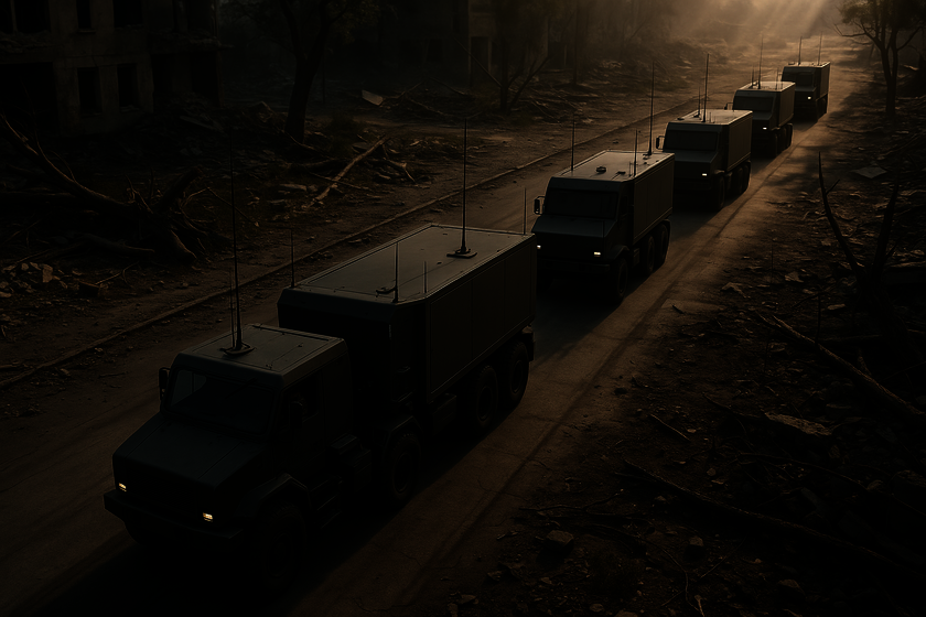 Mehrere Autonom fahrende Militär LKWs fahren hintereinander durch eine Straße, welche rechts und links zerstörte Häuser und Bäume hat. Von hinten leuchten warme helle Sonnenstrahlen, auf die dunkle zerstörte Stadt.