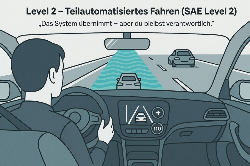 Mann sitzt in einem teilautonomen Fahrzeug.