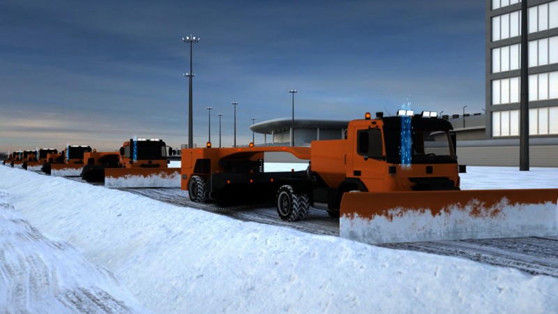 Animierte orangene Räumfahrzeuge fahren bei Schnee genau hintereinander auf einemgroßen Feld mit Häuser im Hintergrund. Alle Räumfahrzeuge haben aus dem Führerhaus einen blauen strich der nach oben verläuft.