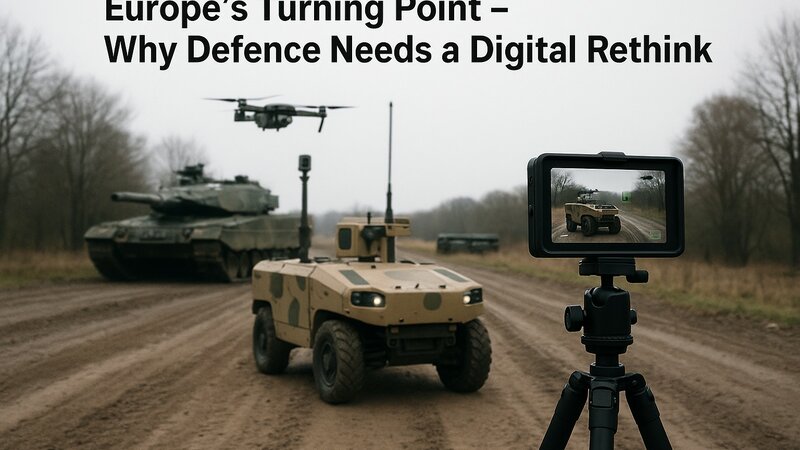 Mehrere Militärische Fahrzeuge, stehen auf einem Web aus Erde mitten in der Natur. Eine Art Foto/Filmkamera nimmt das ganze von vorne auf.