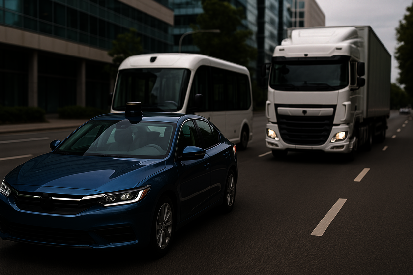 Drei verschiedene Fahrzeuge fahren auf einer leeren Straße in der Stadt. Vorne draus ein Blauer PKW, dahinter links ein weißer Bus und rechts ein weißer LKW.