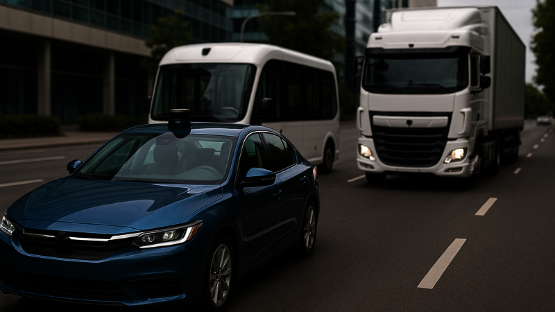 Drei verschiedene Fahrzeuge fahren auf einer leeren Straße in der Stadt. Vorne draus ein Blauer PKW, dahinter links ein weißer Bus und rechts ein weißer LKW.
