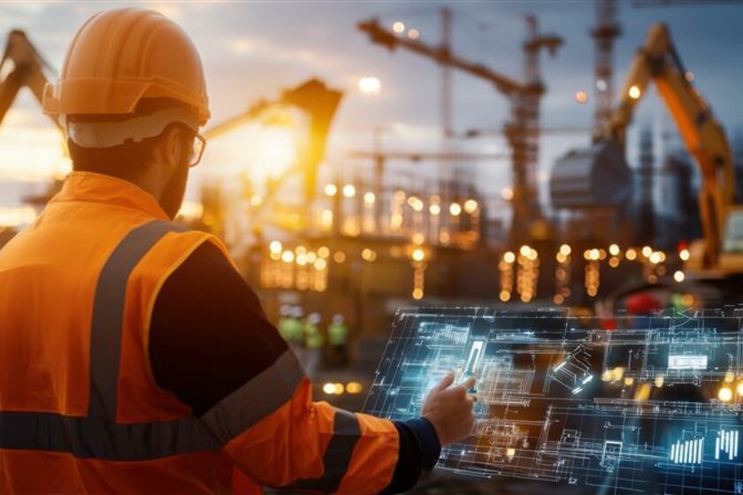 Ein Bauarbeiter steht an einem digitalen Bildschirm auf einer Baustelle mit mehreren verschiedenen Baufahrzeugen im Hintergrund.