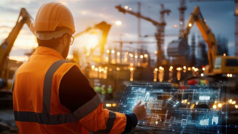 Ein Bauarbeiter steht an einem digitalen Bildschirm auf einer Baustelle mit mehreren verschiedenen Baufahrzeugen im Hintergrund.
