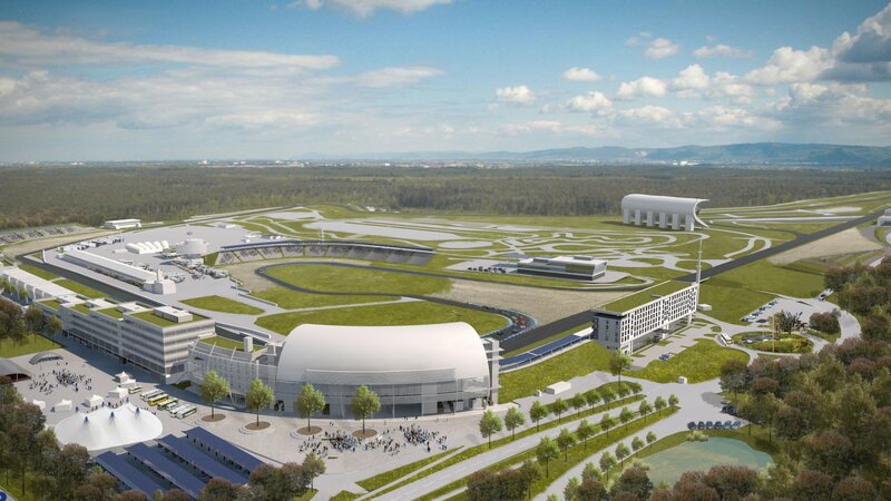 Eine Vision des Hockenheimrings, wird hier animiert dargestellt, mit vielen grünen Flächen um die Rennstrecke und viel Wald. Ein ganz neues konzept mit Übungsstrecke weiter hinten und neuen Tribünen.