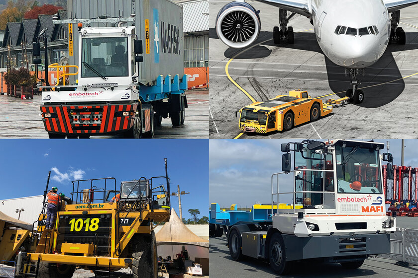 Eine Collage aus vier Bildern. Links oben und rechts unten befinden sich verschiedene Terminal Traktoren am Hafen. Links unten befindet sich ein gelbes Miningfahrzeug und rechts oben befindet sich ein Pusher der ein Flugzeug am Rollfeld platziert.
