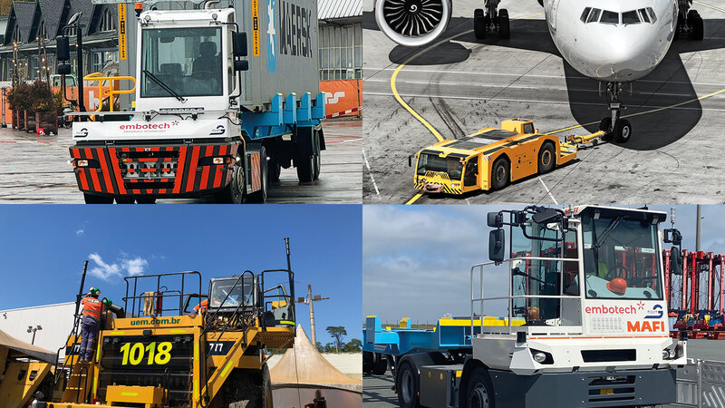 Eine Collage aus vier Bildern. Links oben und rechts unten befinden sich verschiedene Terminal Traktoren am Hafen. Links unten befindet sich ein gelbes Miningfahrzeug und rechts oben befindet sich ein Pusher der ein Flugzeug am Rollfeld platziert.