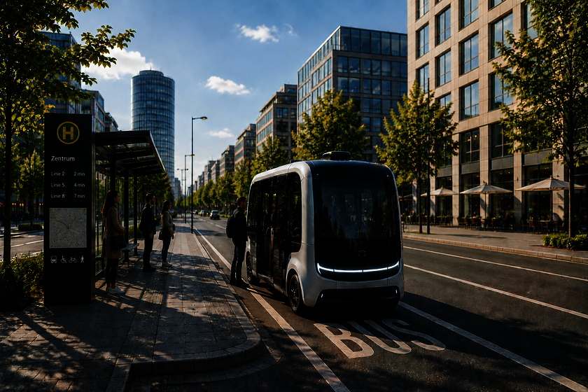 Ein autonomer Bus hält an einer Bushaltestelle bei dem vier Personen stehen. Ein Mann steht vor der geöffneten Türe zum einsteigen und die drei weiteren Personen bleiben an der Haltestelle stehen. Das ganze ist an einer Straße in der Innenstadt mit einer Baumallee, Hochhäusern und blauem Himmel.