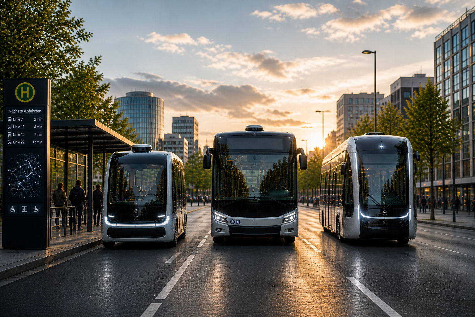 Ein autonomer Elektro-Shuttle hält an einer intelligenten Bushaltestelle in einem modernen Geschäftsviertel mit wartenden Fahrgästen.