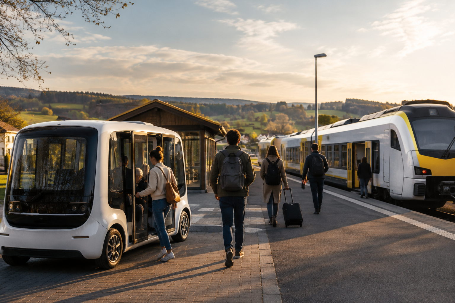 Links im Bild sieht man ein autonomen Mover (ÖPNV-Bus) in den eine Frau einsteigen möchte. In der Mitte laufen drei Personen Richtung Haltestelle und rechts steht ein Zug mit geöffneten Türen.