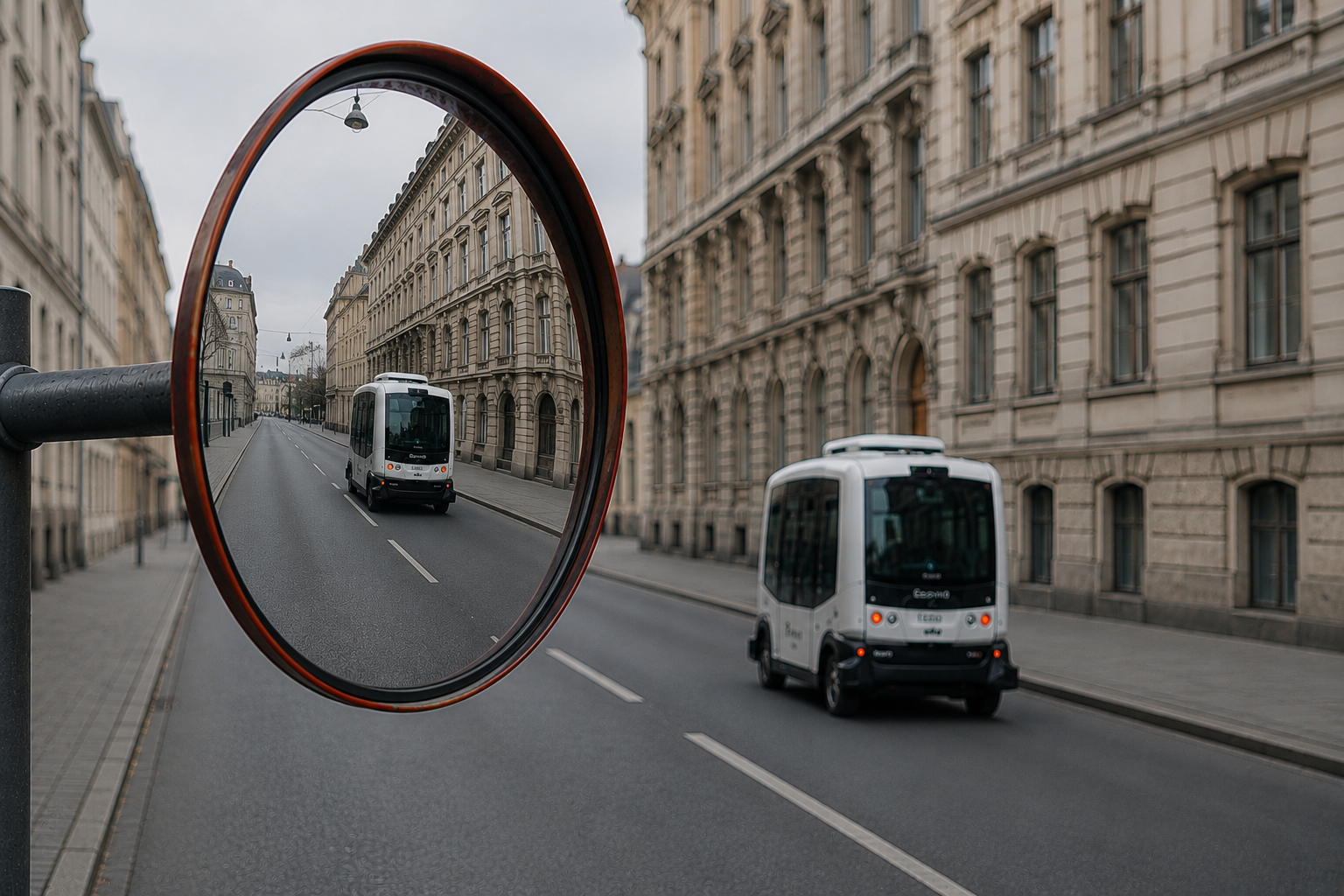 Eine Stadt bei der sich links und recht neben einer Straße hohe Mauerstein Gebäude befinden. Auf der Straße sieht man unscharf einen autonomen ÖPNV Mover. Links befindet sich ein Verkehrsspiegel in dem man schon den nächsten autonomen ÖPNV Bus kommen sieht.